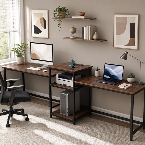 2-Person Computer Desk with Power Outlet and Printer Stand, 97 " Long Home Office Desk Writing Desk,Rustic Brown