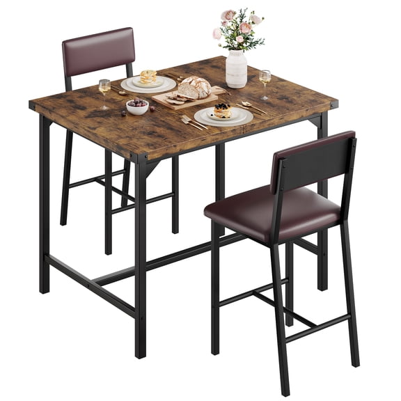 2-Person Counter Height Dining Set - Kitchen Table with 2 Upholstered Bar Stools & Safety Corner Protectors for Home/Restaurant - Brown