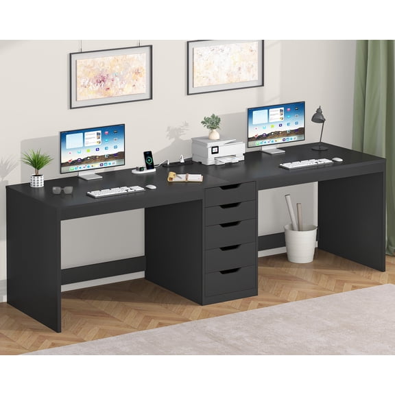 2 Person Desk with 5 Drawers and Power Outlets, 78.7 Inch Long Computer Desk with Storage File Cabinet, Two Person Home Office Double Desk with Storage, Black