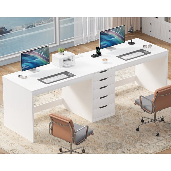 2 Person Desk with 5 Drawers and Power Outlets, 78.7 Inch Long Computer Desk with Storage File Cabinet, Two Person Home Office Double Desk with Storage, White