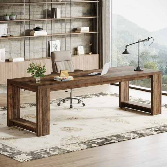 2 Person Desk , 86.6 Inches Extra Long Desk,Brown