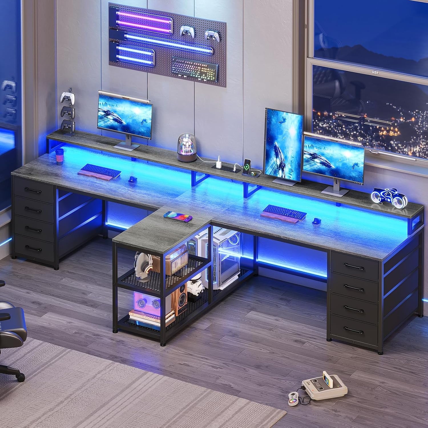 2 Person Desk with Storage, 94.5" Long Desk with 8 Drawers and Open Shelves, Home Office Desk with Monitor Stand and Power Outlets, Gaming Desk Dual Person Desk with LED Lights, Grey