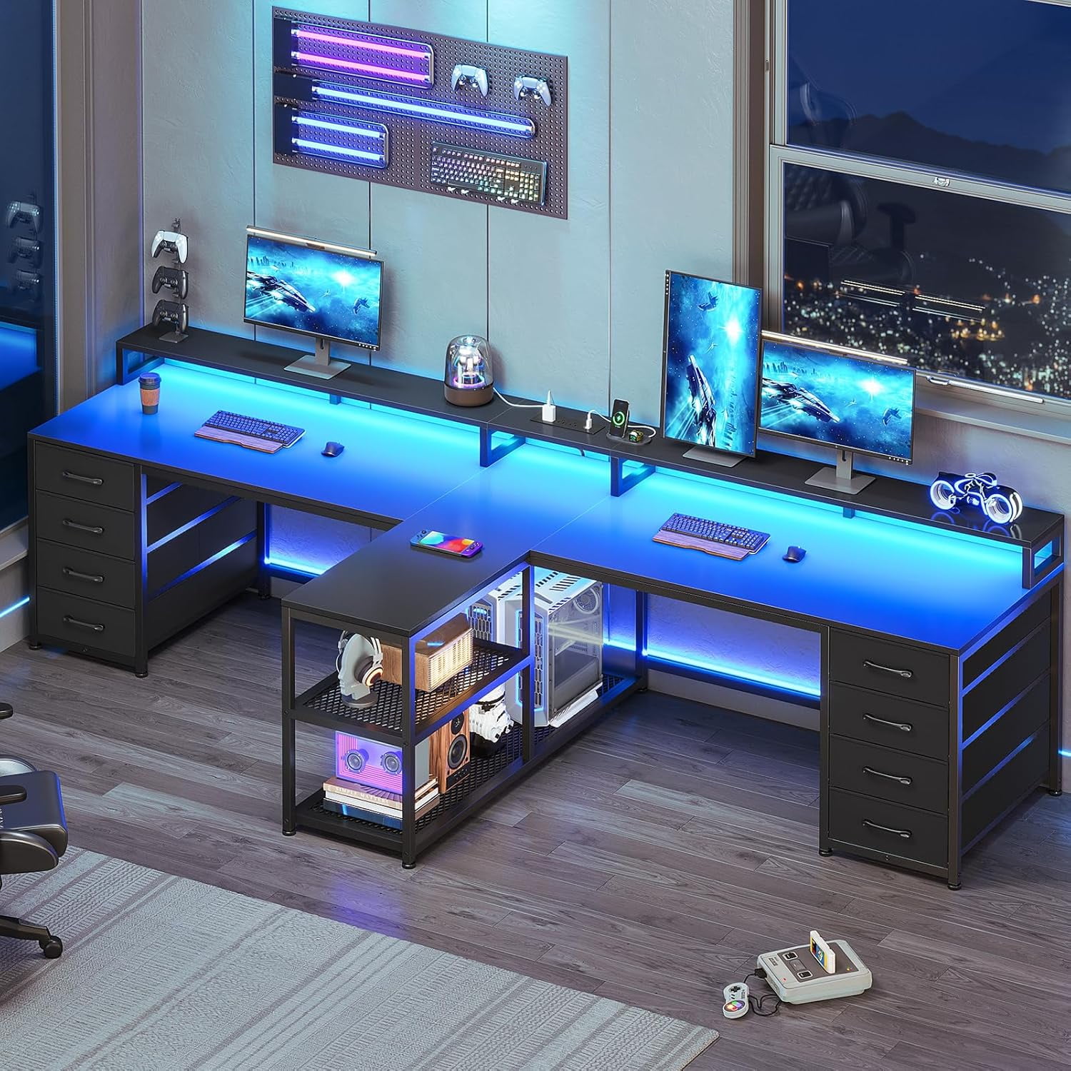 2 Person Desk with Storage, 94.5" Long Double Desk with 8 Drawers and Open Shelves, Home Office Desk with Monitor Stand and Power Outlets, Gaming Desk Dual Person Desk with LED Lights, Black
