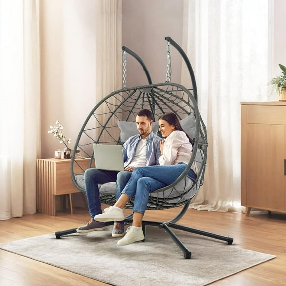 2 Person Double Egg Chair with Stand Indoor Outdoor, Hammock Egg Chair with Stand Outdoor Patio Wicker Hanging Egg Chair w/Cushion 700LBS Capacity for Bedroom, Balcony, Garden,Grey