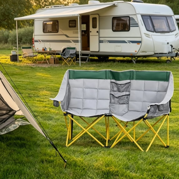 2 Person Double Folding Camping Chair Side-by-Side Padded Outdoor Chair with Cup Holder and Storage Pocket Portable Foldable Chair with Carry Bag for Camping Fishing Sports Events