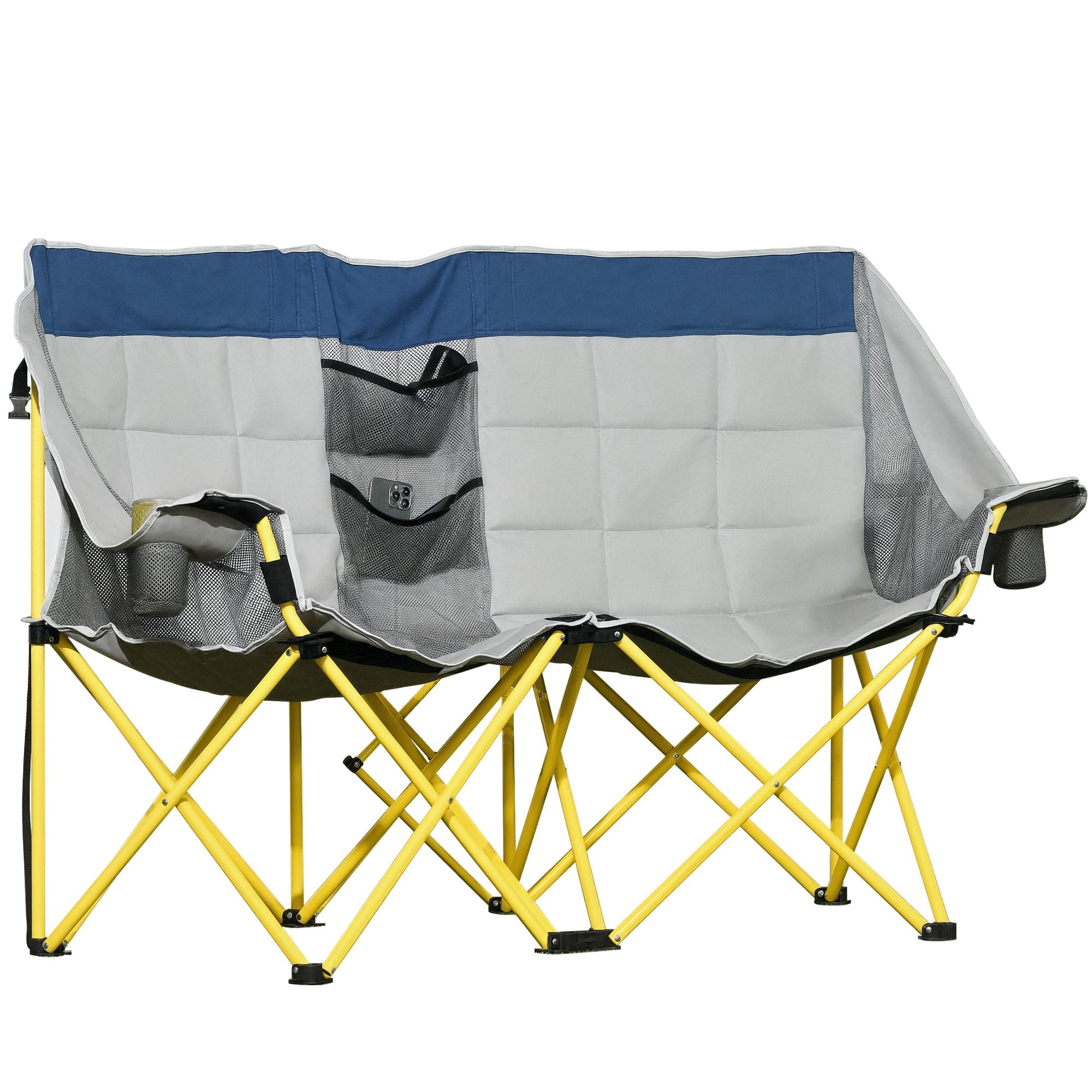 2 Person Double Folding Camping Loveseat Chair, Side-by-Side Outdoor Chair with Cup Holders Middle Storage Pocket Steel Frame Supports 264lbs Per Seat with Carry Bag