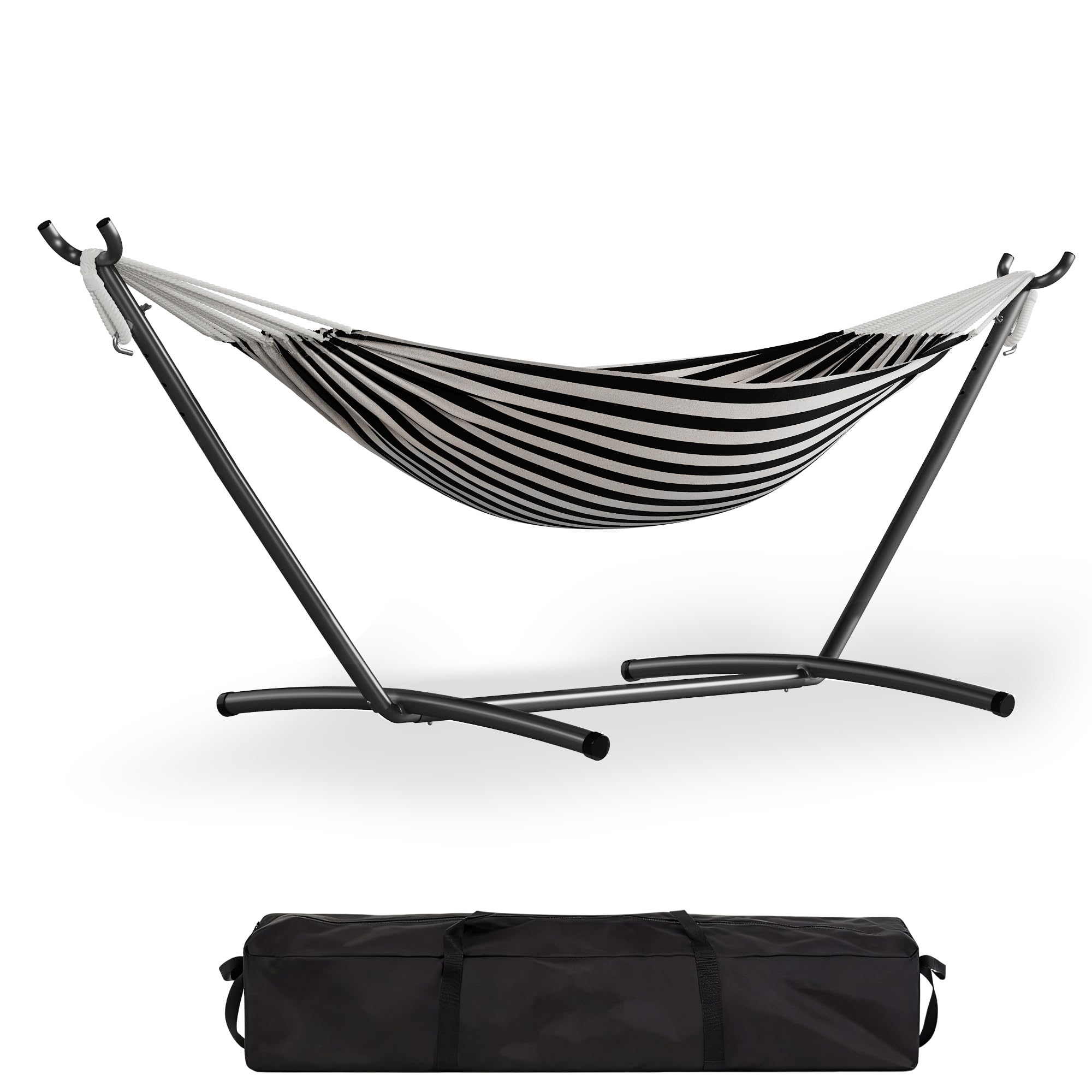 2 Person Double Hammock with Collapsible Heavy Duty Steel Stand - 450lbs Capacity Cotton Bed - Portable & Space-Saving - Indoor Outdoor Patio Camping Garden - Carry Bag - Black