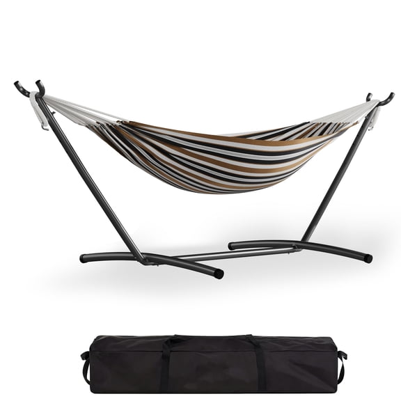 2 Person Double Hammock with Heavy Duty Steel Stand - 450lbs Capacity Cotton Bed - Portable & Space-Saving - Indoor Outdoor Patio Camping Garden - Includes Carry Bag - Brown