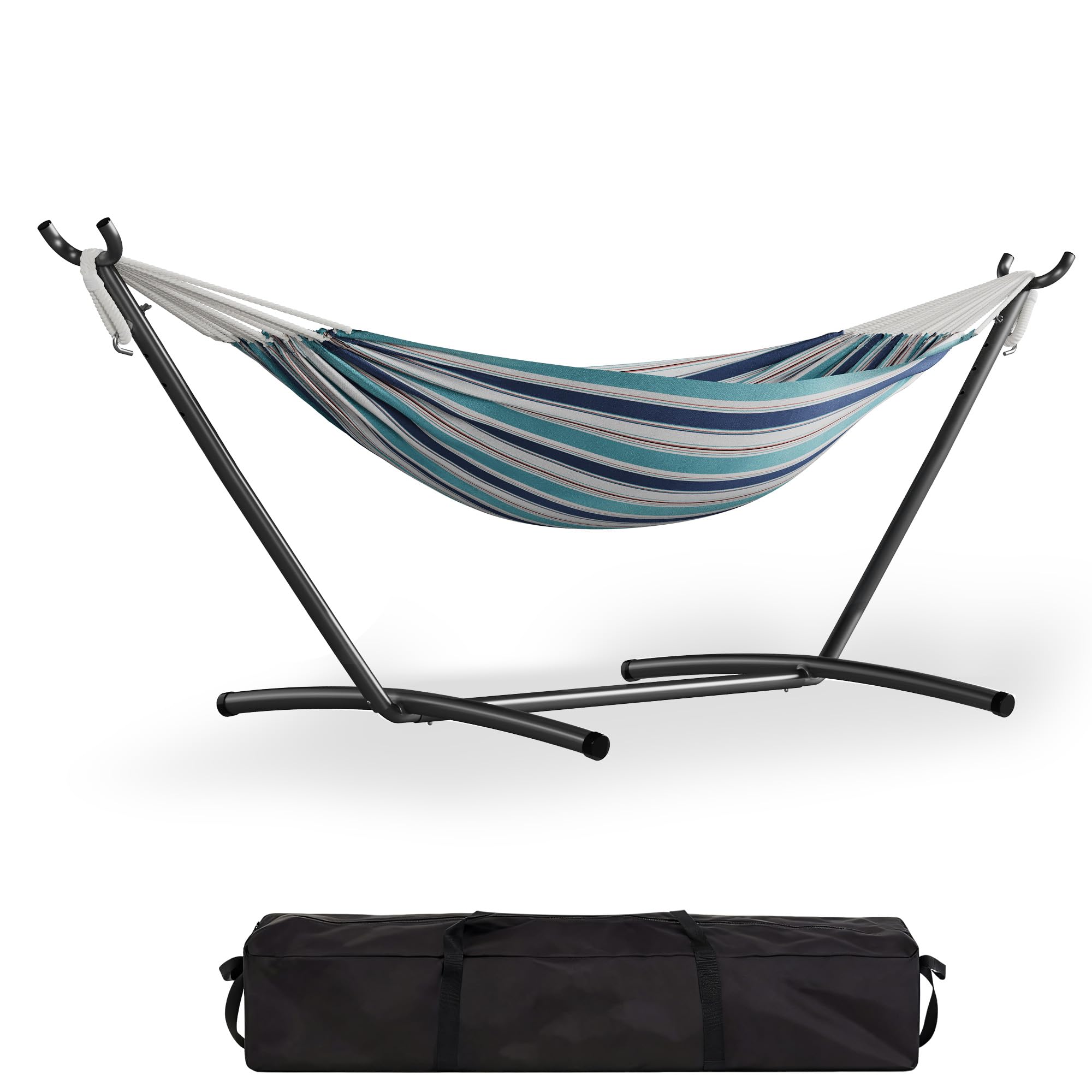 2 Person Double Hammock with Heavy Duty Steel Stand - 450lbs Capacity Cotton Bed - Portable & Space-Saving - Indoor Outdoor Patio Camping Garden - Includes Carry Bag - Ocean Color