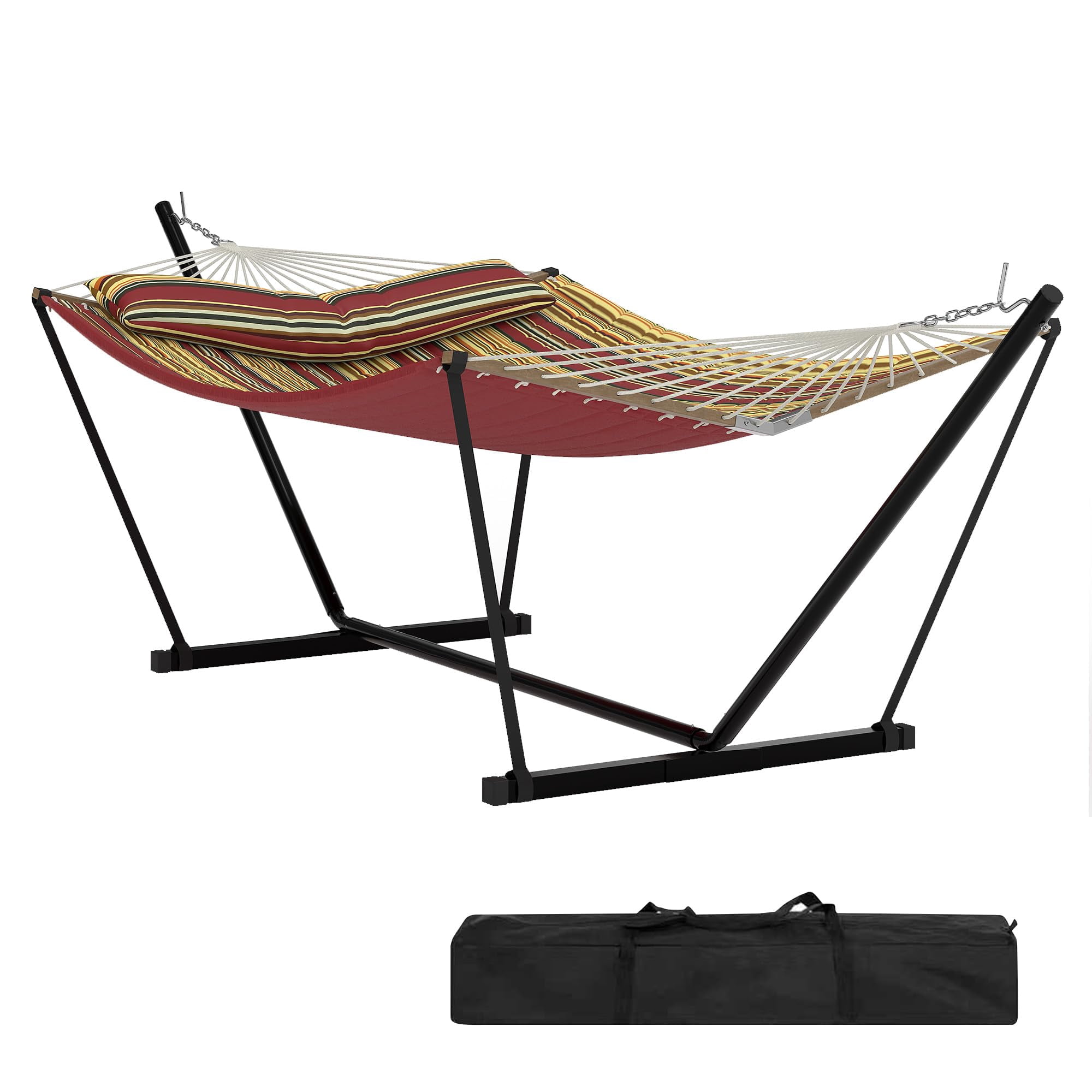 2-Person Double Hammock with Foldable Steel Stand, 450Lb/204kg Capacity Portable Hammock Set, v Spreader Bar & Carry Bag