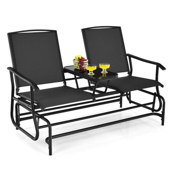 2-Person Double Rocking Loveseat with Mesh Fabric and Center Tempered Glass Table