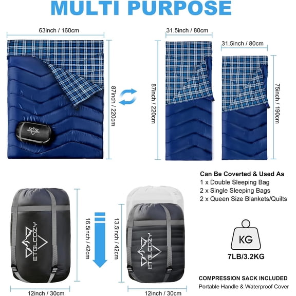 2 Person Double Sleeping Bag - XL Queen Size, Navy, 87x63 Inches