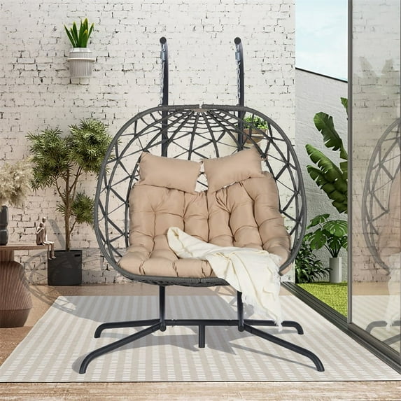 2 Person Double Swing Egg Chair with Stand, 600lbs Capacity Outdoor Patio Wicker Hanging Patio Lounge Chair w/Cushions and Pillows, Oversized Hand-woven Hammock Chair Set for Patio/Yard/Garden/Porch