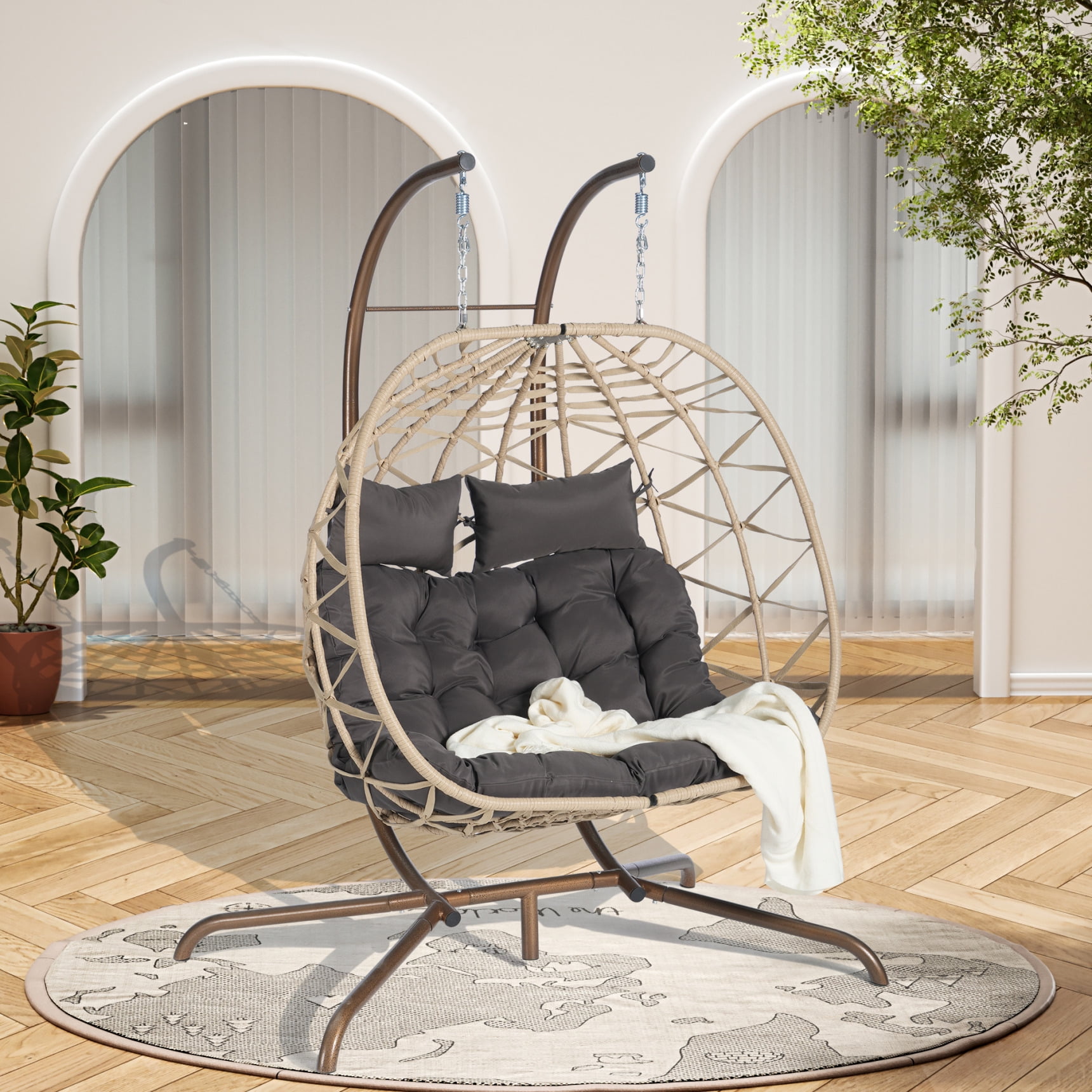 2 Person Egg Chair, Egg Chair Outdoor with Stand and Cushion Rattan Egg ...