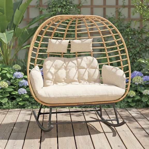 2-Person Egg Rocking Chair Loveseat Patio Rocker Chair With Cushions