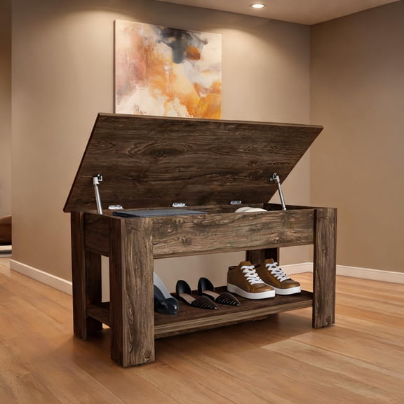 2-Person Entryway Storage Bench with Lift-Top and Lower Shelf, Warm Brown