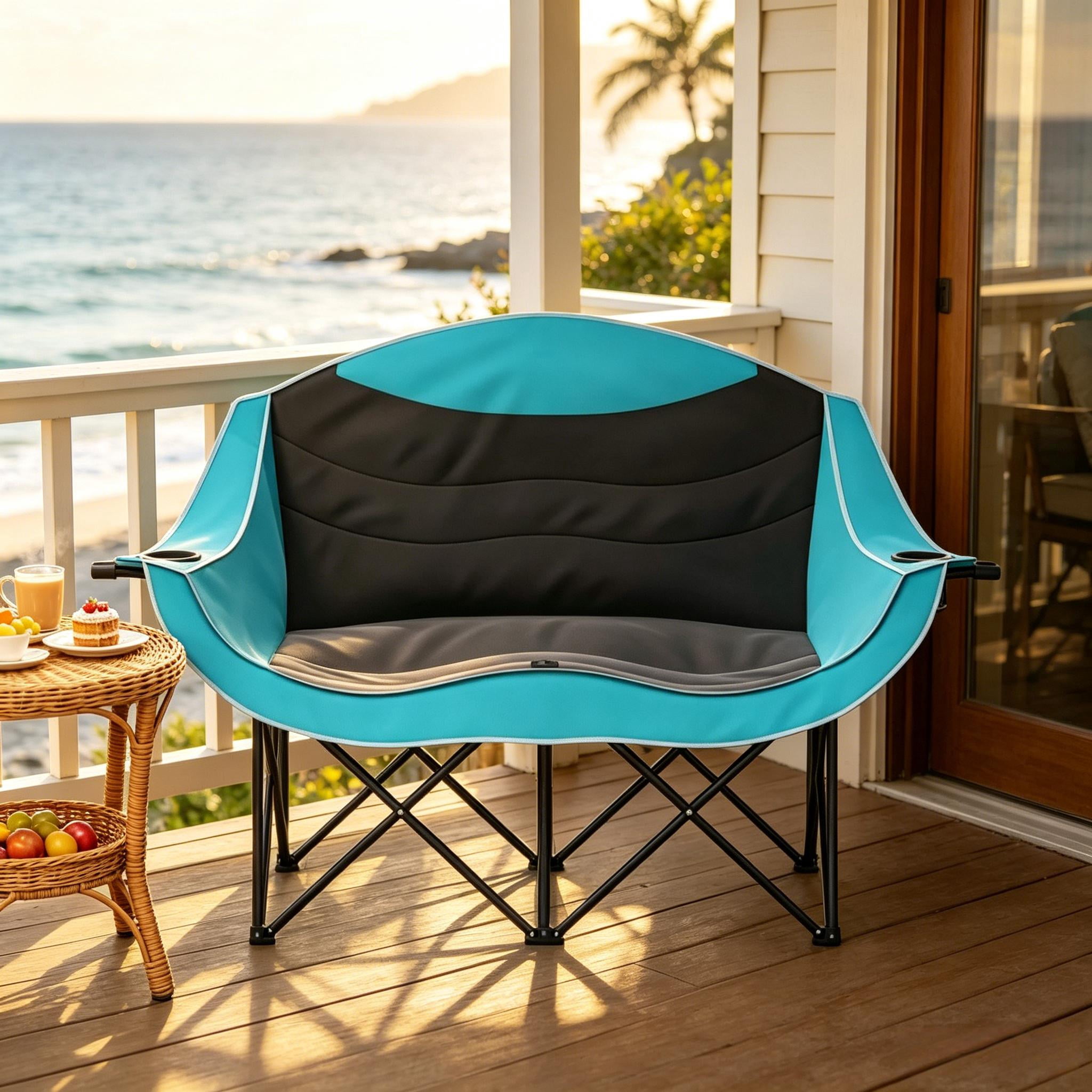 2-Person Folding Camping Loveseat, 550 LBS Capacity 600D Oxford Fabric Outdoor Chair with Cup Holders & Carry Bag, No Assembly for Camping Hiking Patio