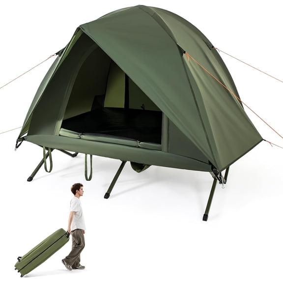 2 Person Folding Camping Tent Cot Set With Removable Waterproof Rainfly Heavy Duty Off Ground Elevated Sleeping Bed Cot Shelter With Wheeled Storage Bag For Hiking Outdoor Travel Beach, Green
