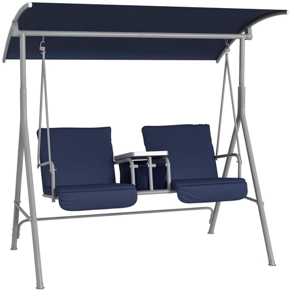 2-Person Freestanding Outdoor Porch Swing With Dark Blue Canopy And Cushions