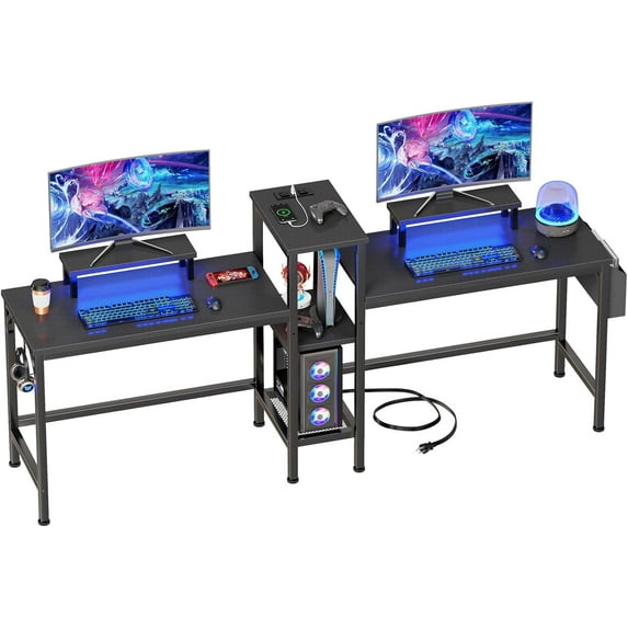 2 Person Gaming Desk with LED Lights, 71 Inch Computer Desk with Power Outlets and Monitor Stand, Double Desk with Storage Bag and Headphone Hooks, Study Writing Table for Home Office, Black