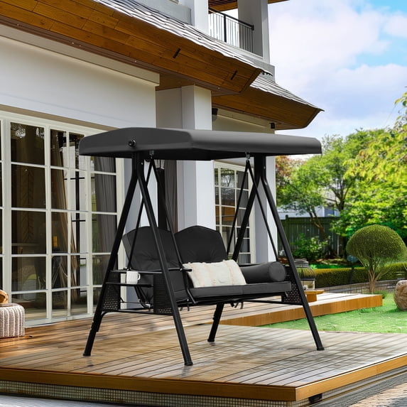 2-Person Gray Metal Patio Swing with Canopy and Cushion