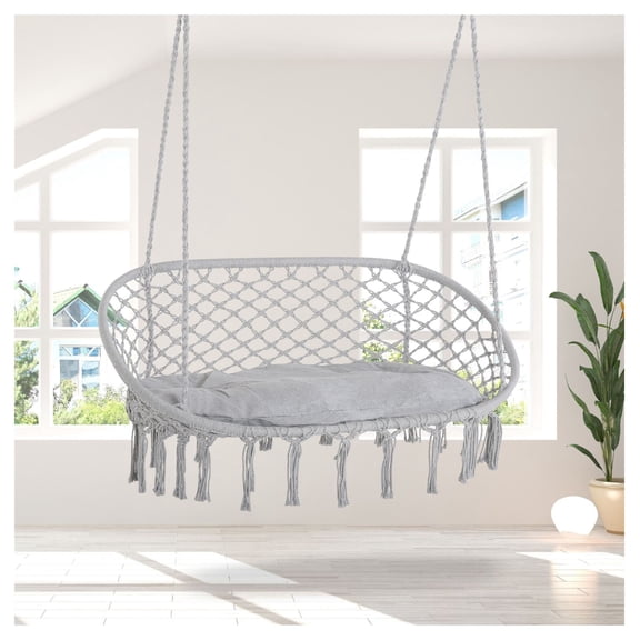 2-Person Hammock Chair, Macrame Swing with Cushion - Indoor Outdoor Hanging Rope Chair for Patio, Backyard, Light Gray