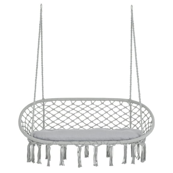 2-Person Hammock Chair Macrame Swing with Soft Cushion, Hanging Cotton Rope Chair for Indoor Outdoor Home Patio Backyard, Light Gray