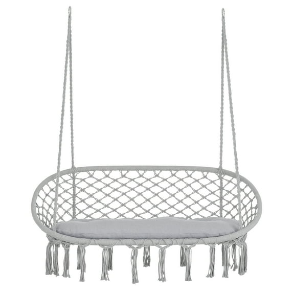 2-Person Hammock Chair Macrame Swing with Soft Cushion, Hanging Cotton Rope Chair for Indoor Outdoor Home Patio Backyard, Light Gray