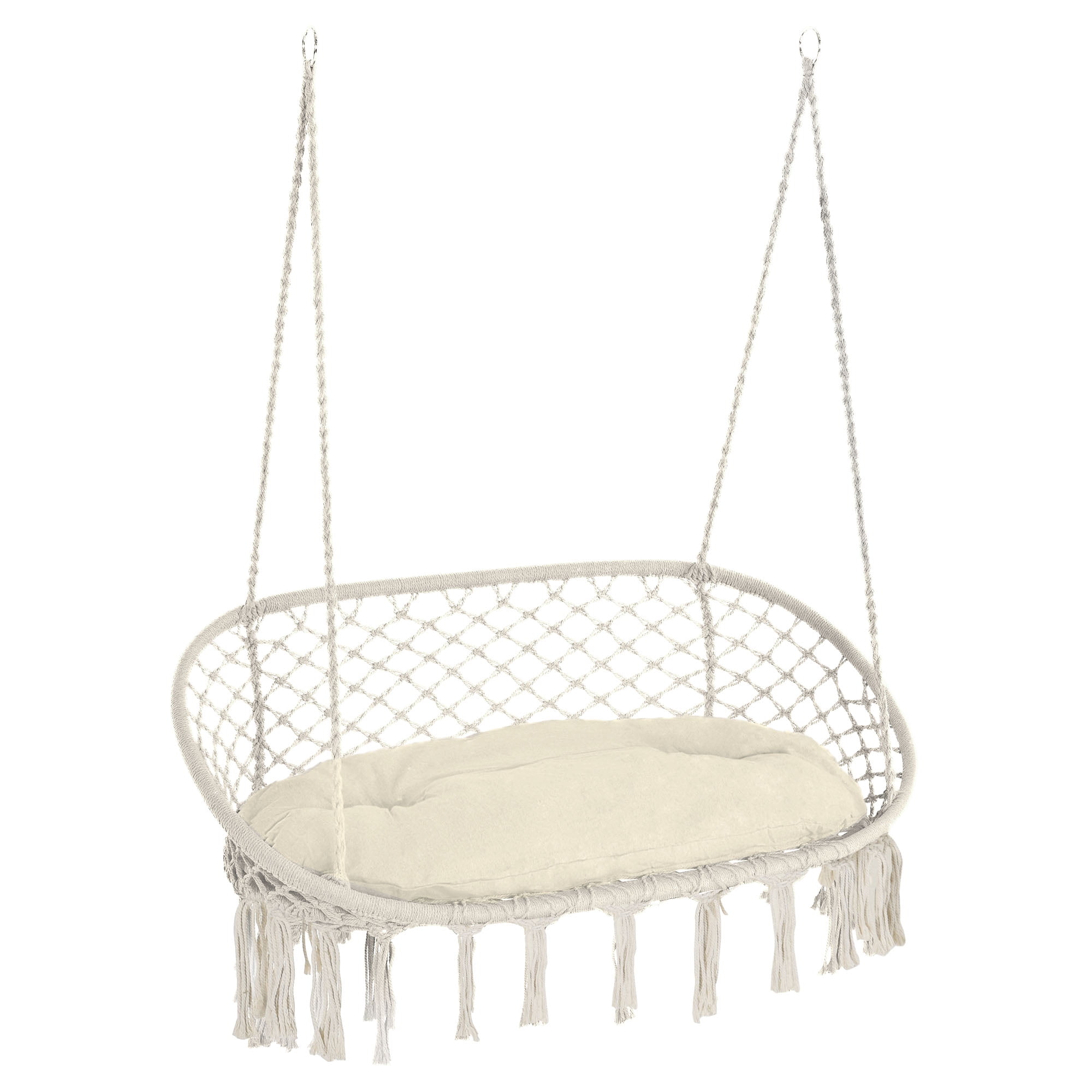 2-Person Hammock Chair Macrame Swing with Soft Cushion, Hanging Cotton Rope Chair for Indoor Outdoor Home Patio Backyard, White