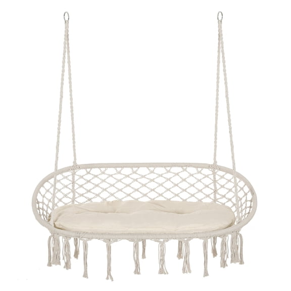 2-Person Hammock Chair Swing, Macrame Hanging Cotton Rope Chair with Cushion - Indoor Outdoor Patio Backyard, White