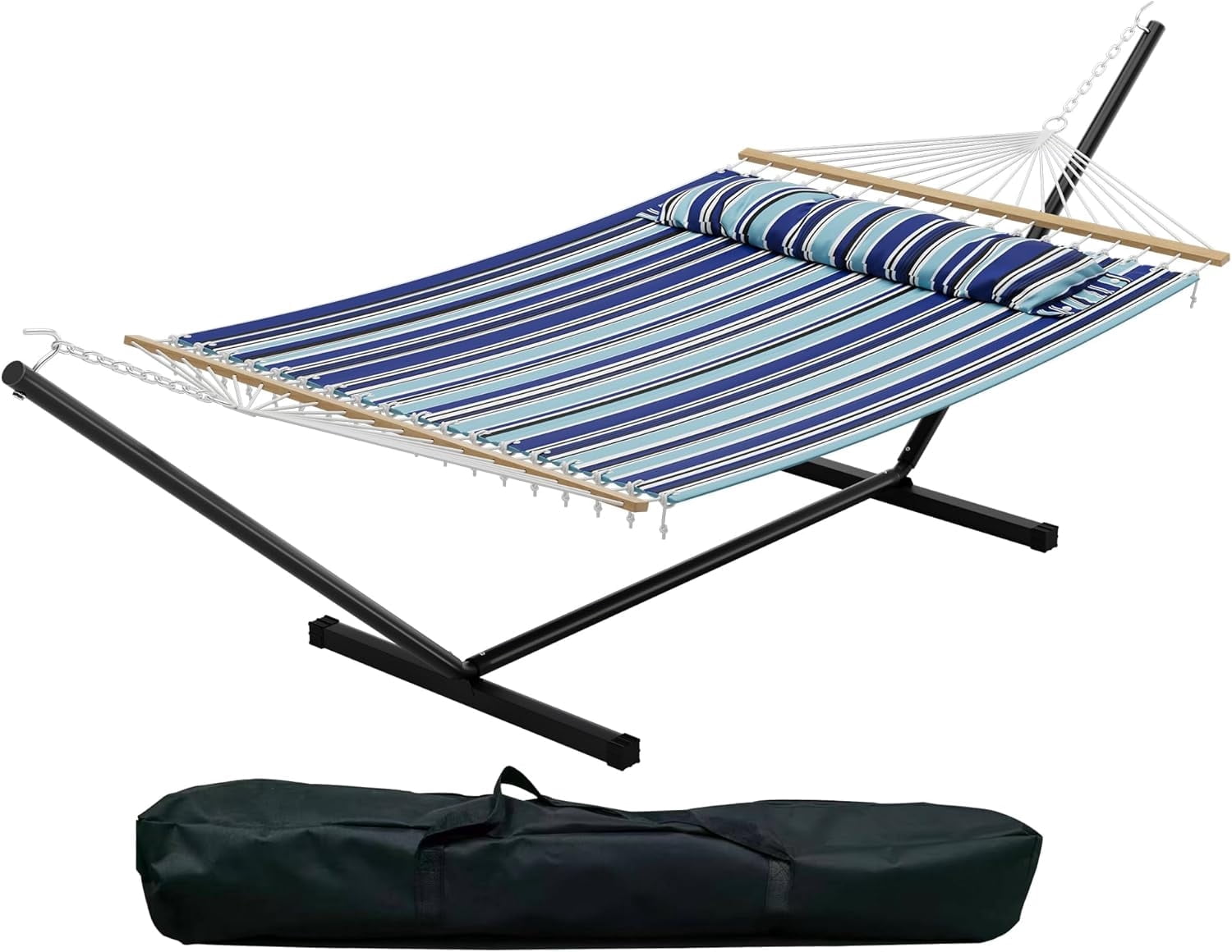 2 Person Hammock with Stand, Heavy Duty Hammock with Carrying Bag, Soft Pillow, 475 lbs Capacity, Freestanding & Portable for Patio, Garden, Camping, Blue