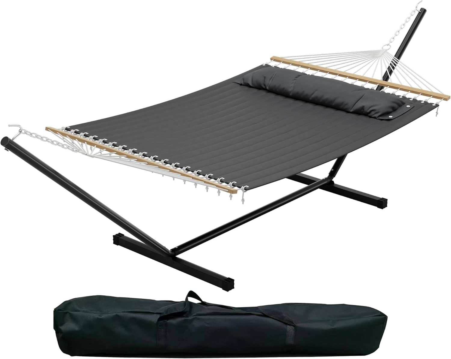2 Person Hammock with Stand, Heavy Duty Hammock with Carrying Bag, Soft Pillow, 475 lbs Capacity, Freestanding & Portable for Patio, Garden, Camping, Dark Grey