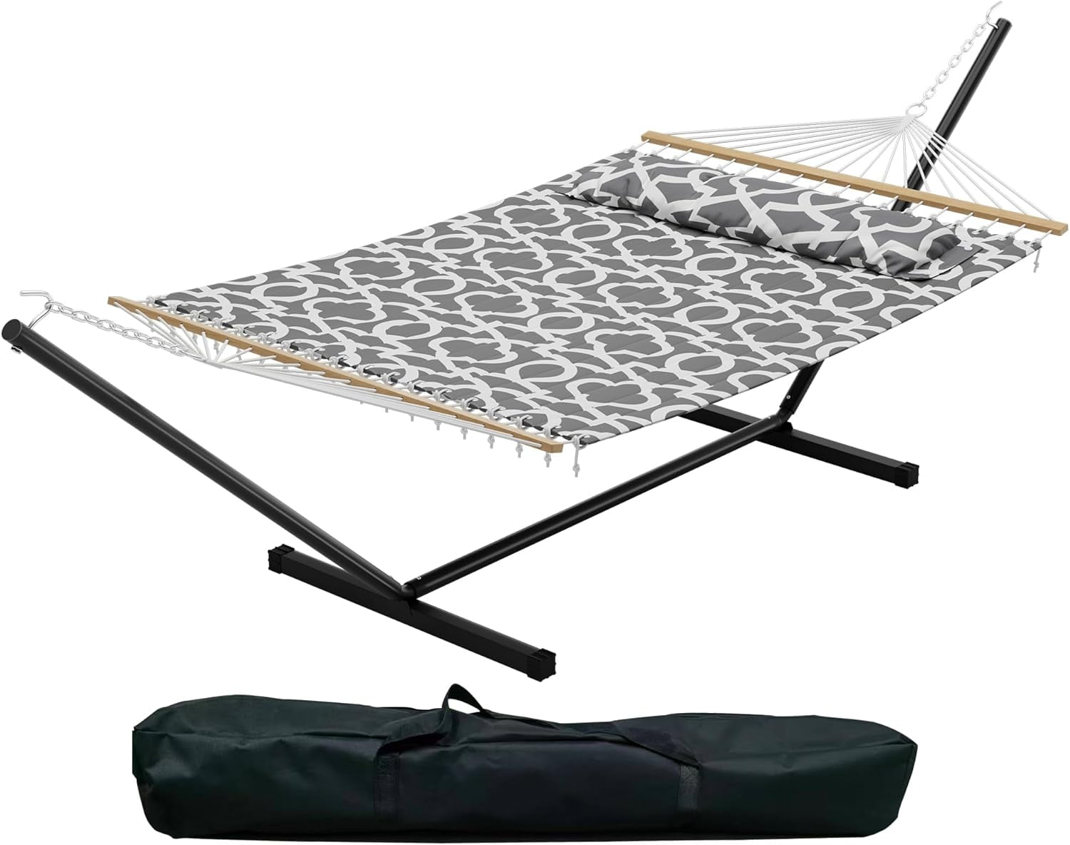 2 Person Hammock with Stand, Heavy Duty Hammock with Carrying Bag, Soft Pillow, 475 lbs Capacity, Freestanding & Portable for Patio, Garden, Camping, Light Grey