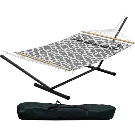 2 Person Hammock with Stand, Heavy Duty Hammock with Carrying Bag, Soft Pillow, 475 lbs Capacity, Freestanding & Portable for Patio, Garden, Camping, Light Grey