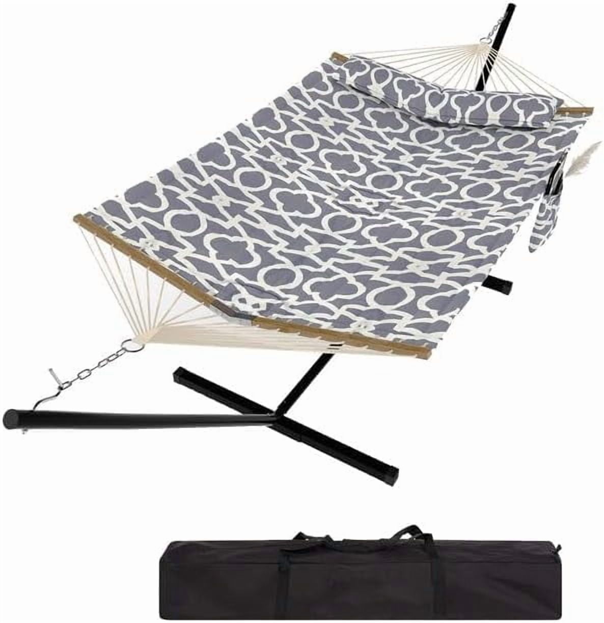 2-Person Hammock with Stand, Heavy Duty Steel Frame Supports 450Lbs, Quilted Polyester & Breathable Net Design, Includes Storage Bag for Backyard, Patio, Camping