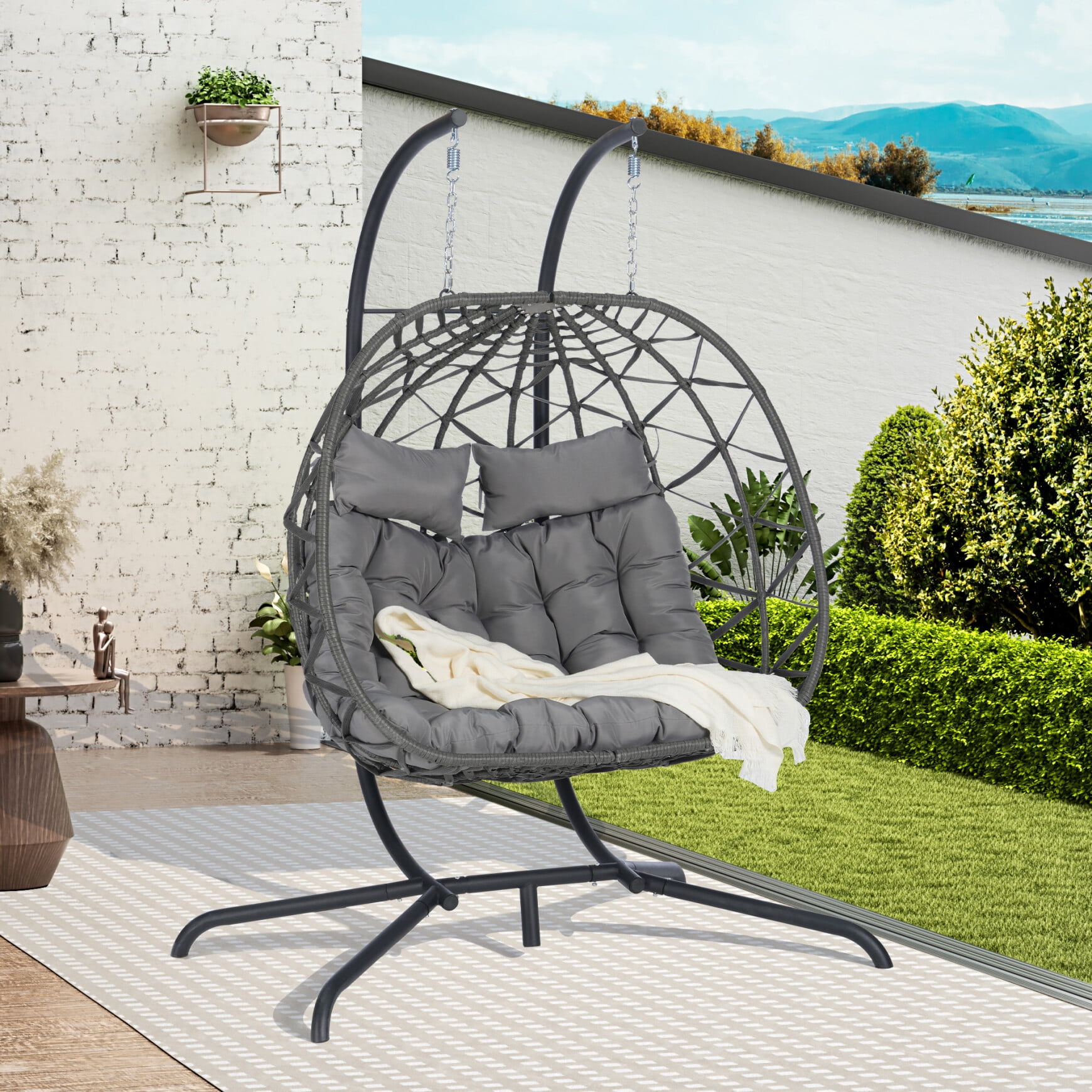 2 Person Hanging Egg Chair with Stand Patio Rattan Wicker Double Egg Swing Chair with Removable Cushion 600 LBS Capacity Porch Hammock Chair for Indoor Outdoor Gray Walmart