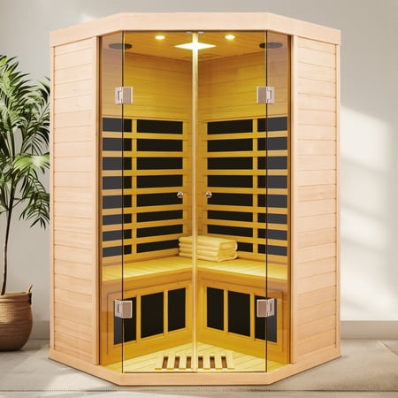 2 Person Hemlock Far Infrared Corner Sauna Room, Deluxe Panoramic Large Glass Front Sauna Cabin, 1520W 7 Heating Panels, LCD Touch & APP Control, Bluetooth Audio, 120V US Plug