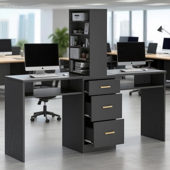 2-Person Home Office Desk, 71.6" Long Computer Desk w/Glass Top & Bookshelves, Double Workstation for Home Office, Work Desk for Two People