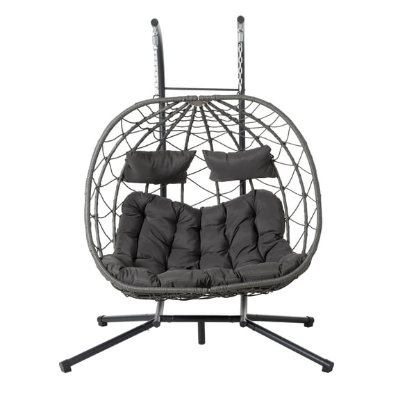 2 Person Indoor Outdoor Rattan Egg Hanging Chair Patio Wicker Swing Chair with Stand
