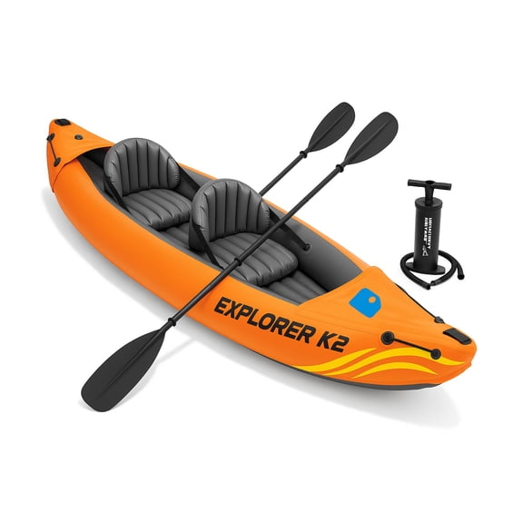 2-Person Inflatable Kayak Set with Pump & Aluminum Oars, Adjustable Seats, Explorer K2 Tandem Blow-Up Kayak for Adults Over 1 LB, Perfect for Lakes & Rivers, Durable Portable Raft for Outdoor Water A