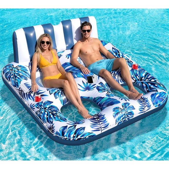 2 Person Inflatable Pool Float Lounger with Cup Holders and Backrest