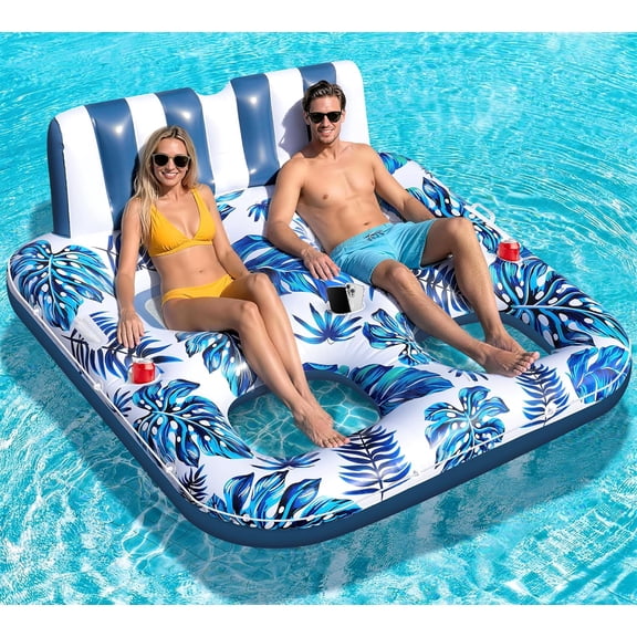 2 Person Inflatable Pool Floats Adult, 66x62 Inch Pool Lounger Float with Cup Holders & Backrest, 0.4mm Thickened Pools Float Recliner Rafts, Floating Chair Water Floaties for Adults