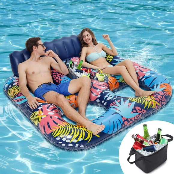 2-Person Inflatable Pool Floats Adult Heavy Duty, 71" x 61" Pool Lounger Float with Cup Holders & Backrest & Removable Insulated Cooler, Thickened Swimming Raft for Pool Party, Lake, Beach, River