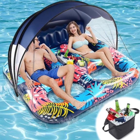 2-Person Inflatable Pool Floats Adult Heavy Duty, 71" x 61" Pool Lounger Float with Cup Holders & Backrest & Removable Insulated Cooler, Thickened Swimming Raft for Pool Party, Lake, Beach, River