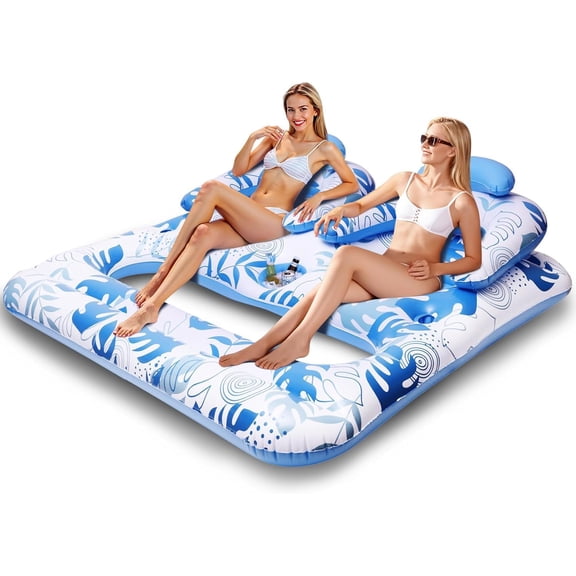 2-Person Inflatable Pool Floats Adults, 2-in-1 Floating Lounger with UPF 50+ Canopy, Backrest, Cup Holders & Cooler, Heavy Duty Rip Resistant PVC, 2 Air Chambers 330lbs for Pool Beach River Lake