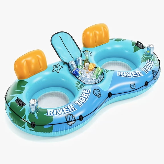 2-Person Inflatable River Float with Removable Cooler & 2 Cup Holders, 90.55"x49.21" Heavy Duty Pool Tube, Supportive Backrest, Durable Handles, Mesh Bottom, Rope & Carabiner for River Lake Pool