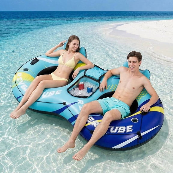 2-Person Inflatable River Tube Float with Built-In Ice Storage Bag, Double Lounge Chair with Backrest and Cup Holders – Breathable Water Raft for Pool, Lake, Beach, and Summer Parties
