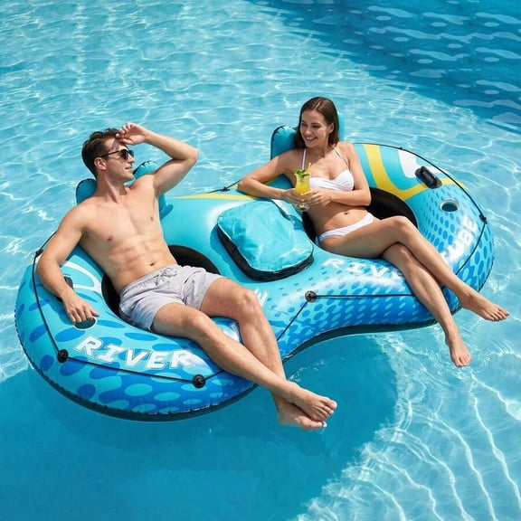 2-Person Inflatable River Tube Float with Built-In Ice Storage Bag, Double Lounge Chair with Backrest and Cup Holders – Breathable Water Raft for Pool, Lake, Beach, and Summer Parties