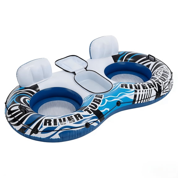 2 Person Inflatable River Tube Float with Cooler & Enhanced Backrest, Quick Inflate Pool Lake Raft Lounger