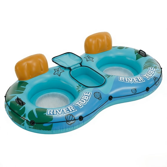 2 Person Inflatable River Tube Float with Cooler & Enhanced Backrest, Quick Inflate Pool Lake Raft Lounger